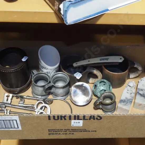box; stainless steel keys, coffee cups, dice etc