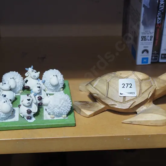 wooden turtle, cow and sheep noughts and crosses game