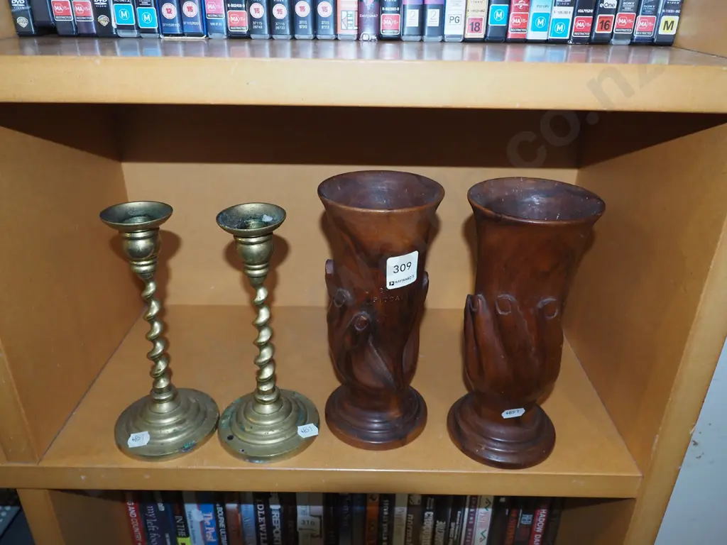 2x hand carved souvenir Pitcairn goblets H205, 2x brass barley twist candlesticks  Image 1++