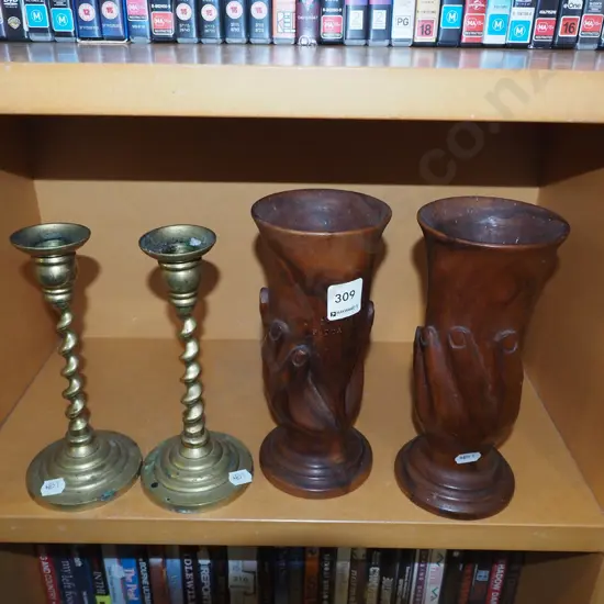 2x hand carved souvenir Pitcairn goblets H205, 2x brass barley twist candlesticks 