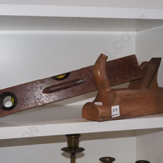 wooden hand plane, vintage builders level