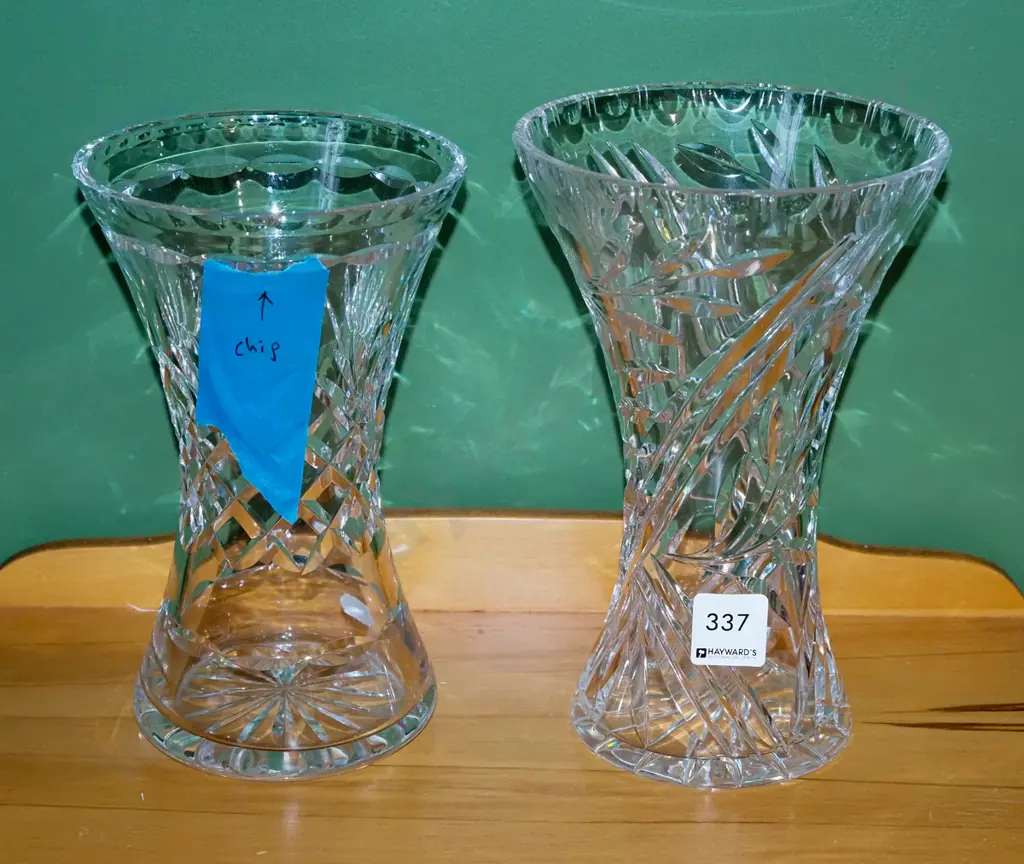 2x cut crystal vases - 1 has chip to rim Tallest H220 Image 1++