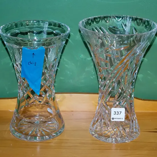 2x cut crystal vases - 1 has chip to rim Tallest H220