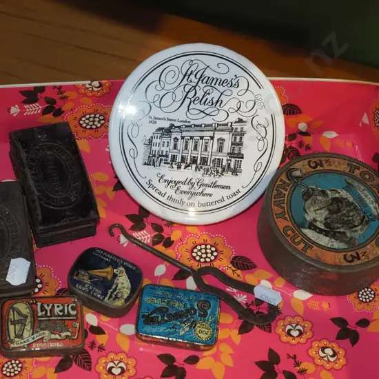 box; vintage tins, ceramic relish lid