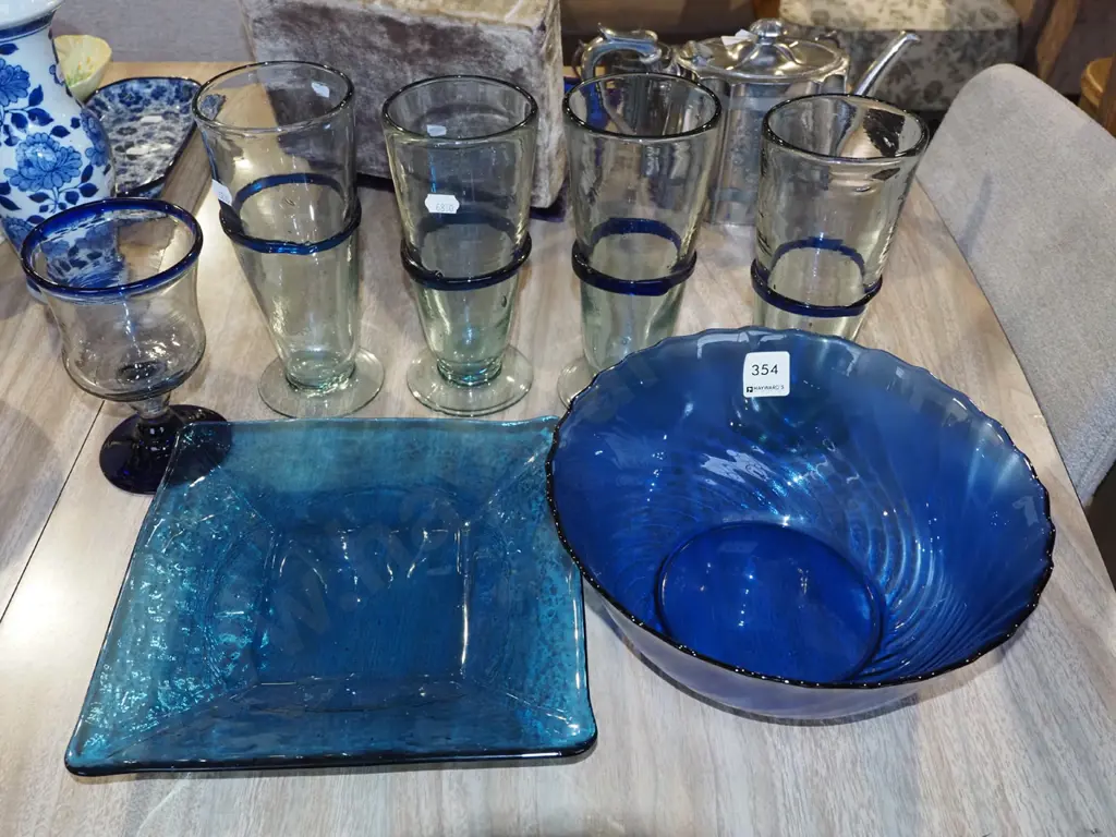 blue glass bowl, plate, tumblers Image 1++