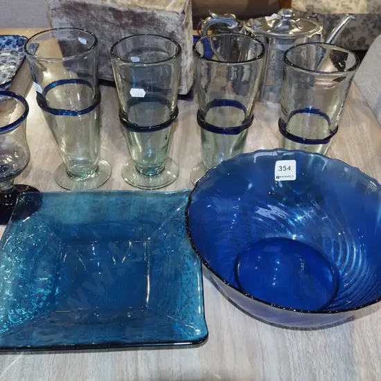 blue glass bowl, plate, tumblers