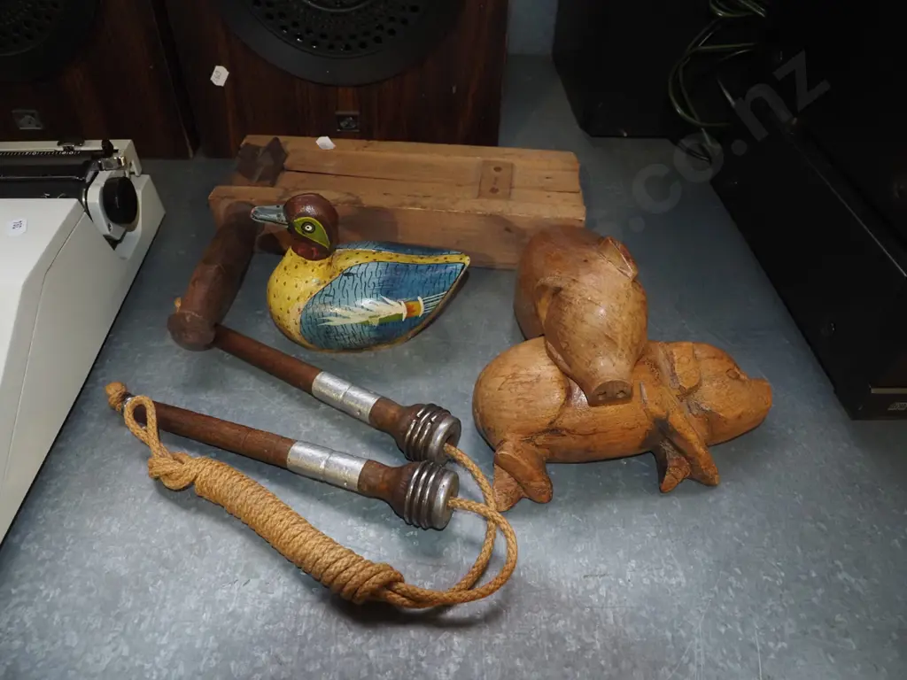 carved pigs, carved duck, vintage skipping rope, vintage clacker Image 1++