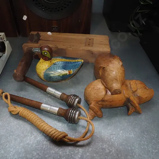 carved pigs, carved duck, vintage skipping rope, vintage clacker