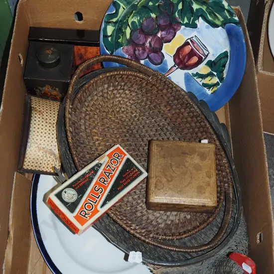 box; cane trays, Morrison and James plate, rolls razor etc