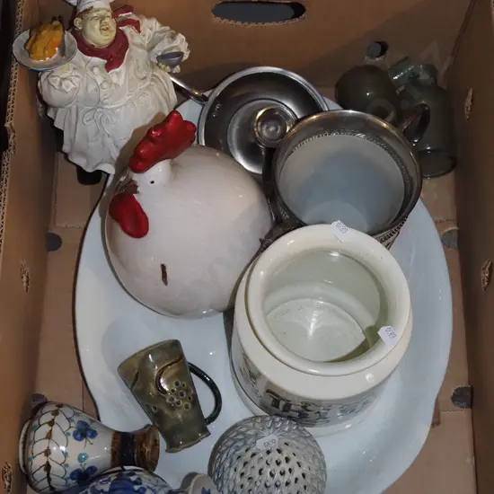 box; large ashet, chef figurine, ceramic chicken etc