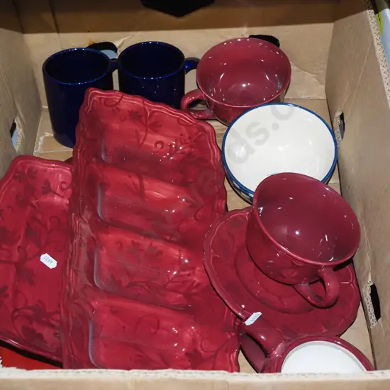box; hand painted serving dishes, cups, saucers etc