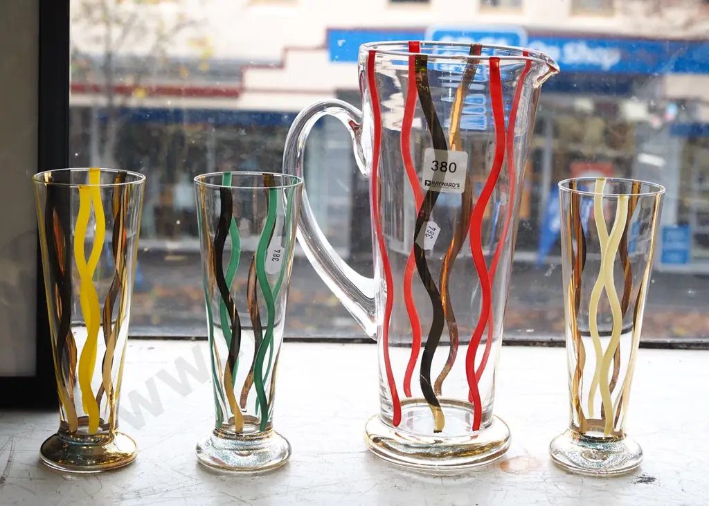 striped glass water jug and 3 tumblers Jug H250 Image 1++