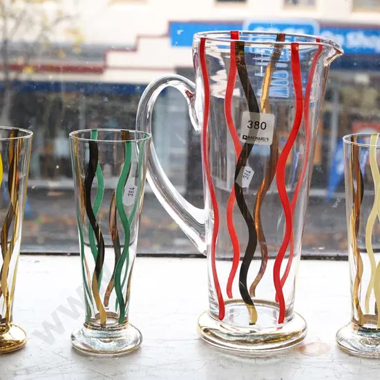 striped glass water jug and 3 tumblers Jug H250