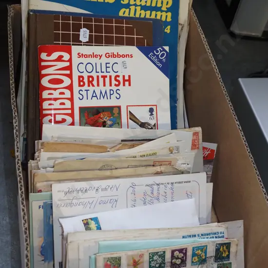 box; first day covers, stamp reference books etc