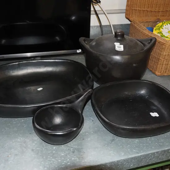 terracotta roasting dishes, pouring jug, casserole
