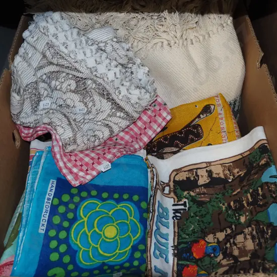 box; tablecloths, linen tea towels