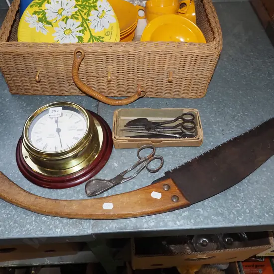 ships clock, hand saw, candlewick scissors etc