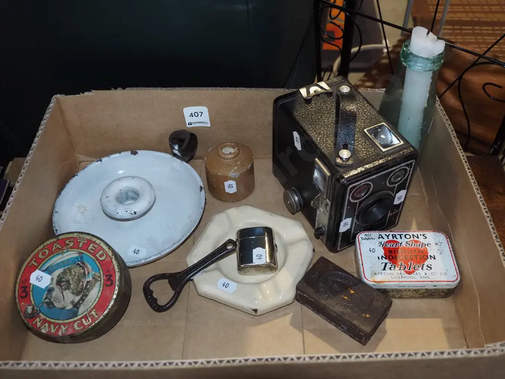 box; candlestick, ashtray, vintage tins etc Image 1++