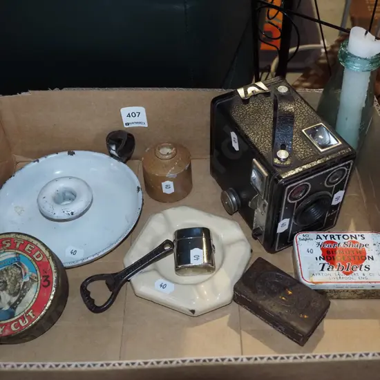 box; candlestick, ashtray, vintage tins etc