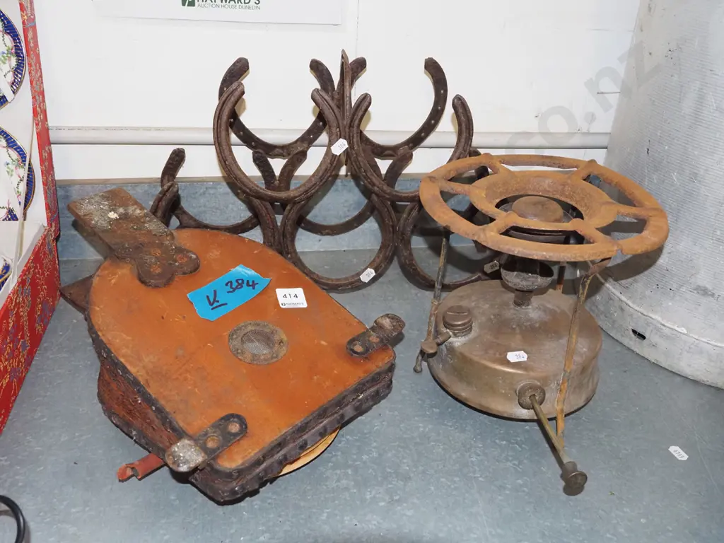 rusty Primus gas stove, vintage foot pump, horse shoe wine rake Image 1++