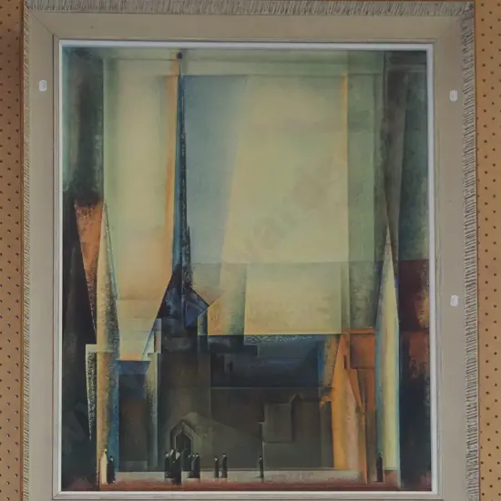 framed retro print - cubist people and cathedral