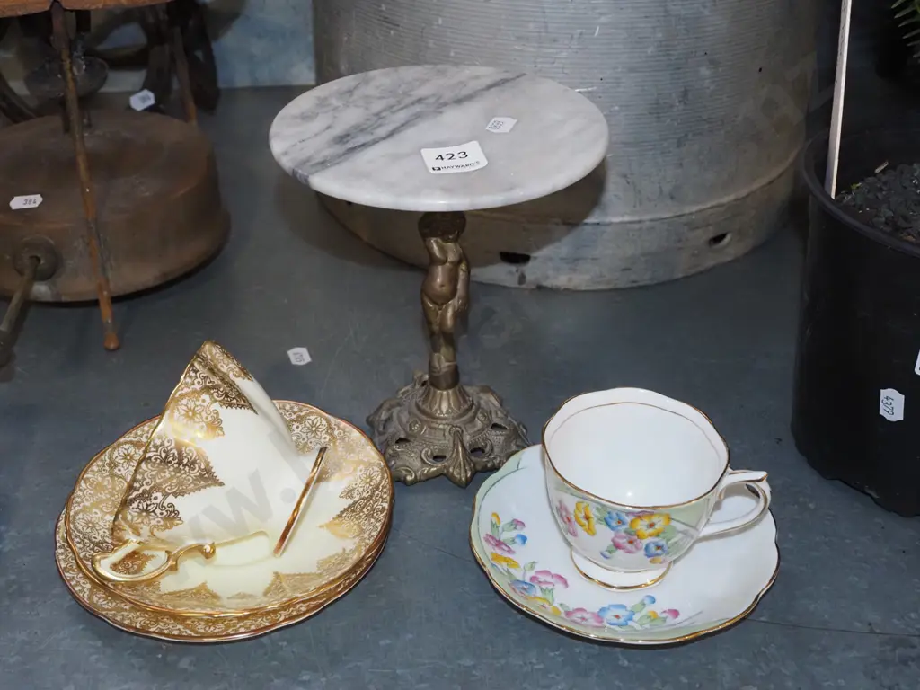 small brass and marble figural based stand, Royal Albert cup and saucer, Hammersley trio  Image 1++