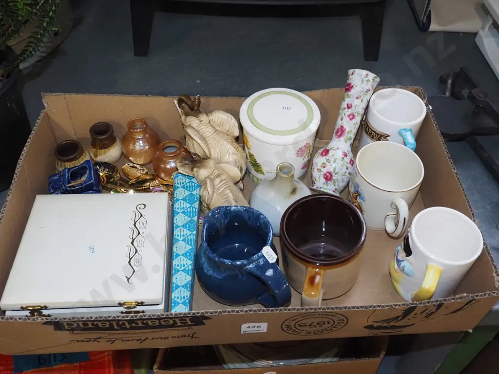 box; elephant figurines, coffee cups, teaspoons, vase etc Image 1++