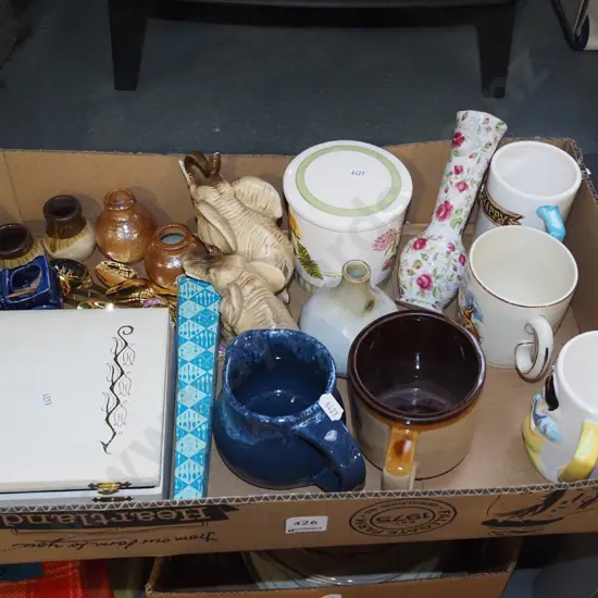 box; elephant figurines, coffee cups, teaspoons, vase etc