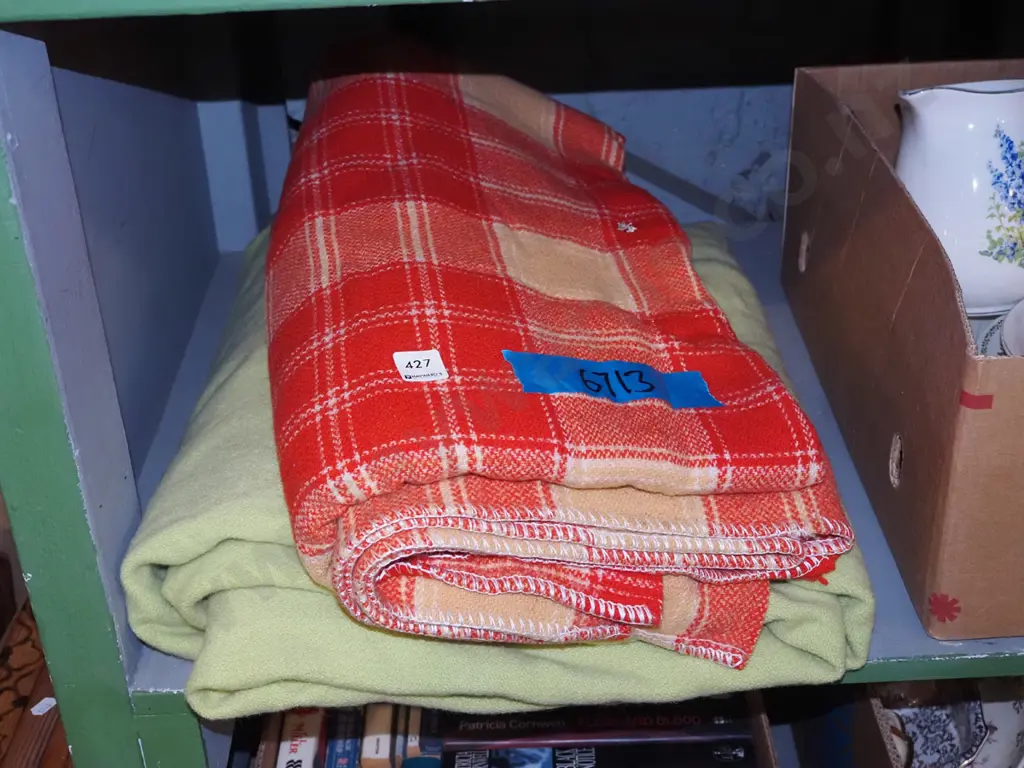 red checked woollen blanket, lime green blanket Image 1++