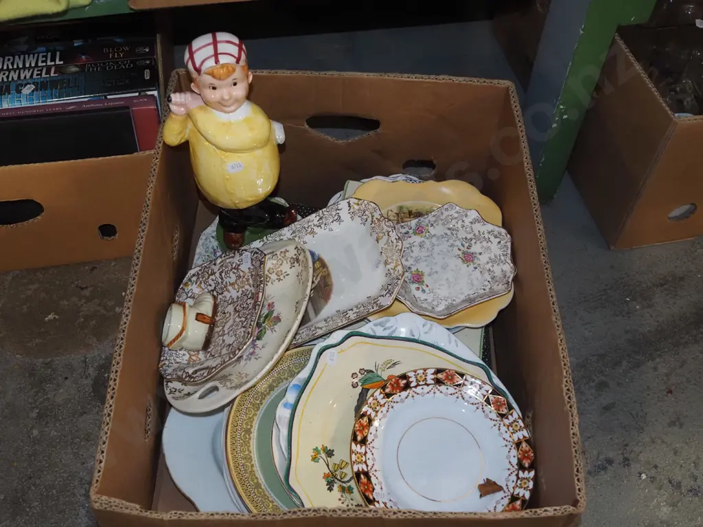 box; numerous plates, golfing decanter etc Image 1++