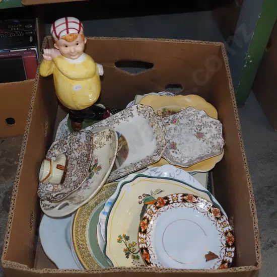 box; numerous plates, golfing decanter etc