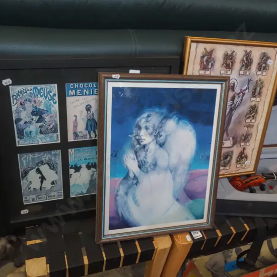 1x framed French themed postcards, 2x others