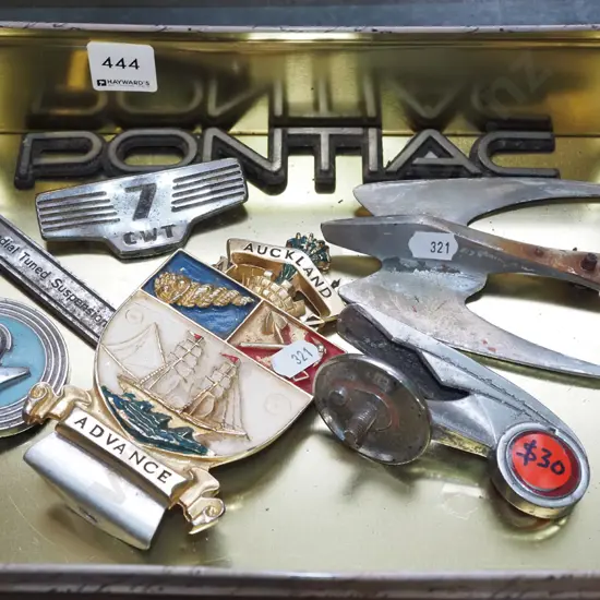 tin tray; car badges etc