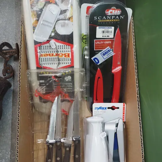 box; knives, garlic press, egg slicer etc