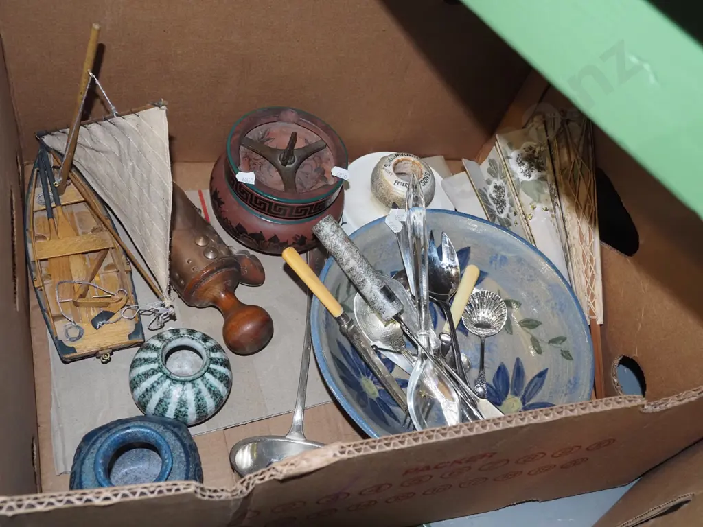 box; pottery bowl, tobacco tin model boat, cutlery etc Image 1++