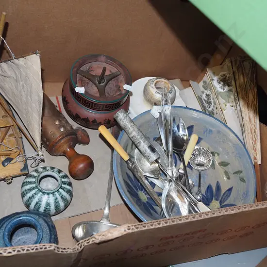 box; pottery bowl, tobacco tin model boat, cutlery etc