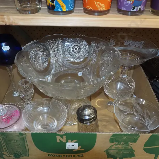 box; comport, blue glass goblet etc