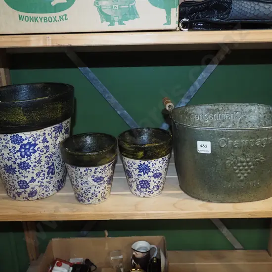 3x terracotta jardinieres, champagne ice bucket