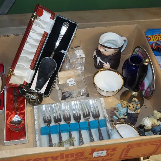 box; Humel monk jug, cased cutlery, brass bell etc