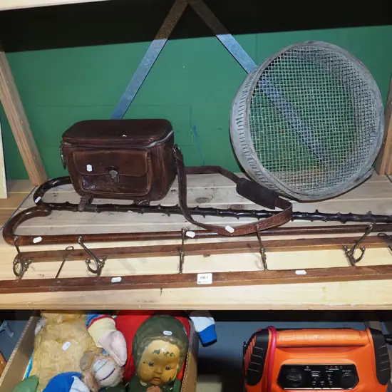 shelf; walking sticks, garden sieve, coat hooks etc
