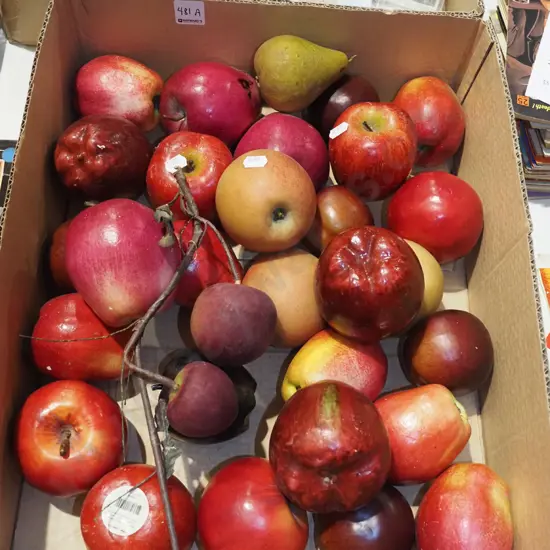 box of faux fruit - apples and pears