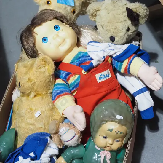 box of dolls, teddy bears