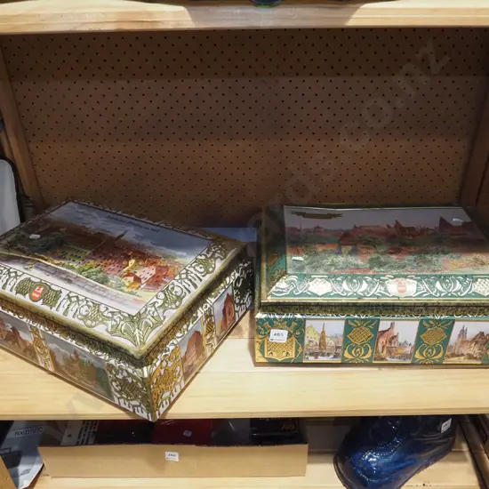 2x presseed tin European biscuit tins