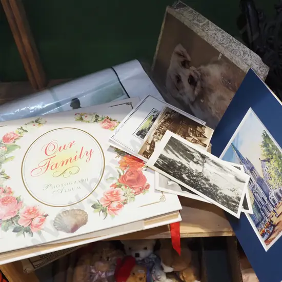 box; unframed prints, photo album etc
