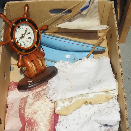 box; linen, ships wheel mantle clock, pond yacht