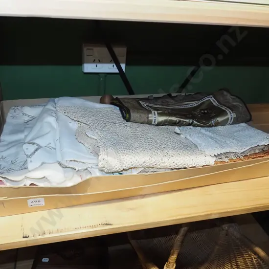 box; hand worked linen, tablecloths etc