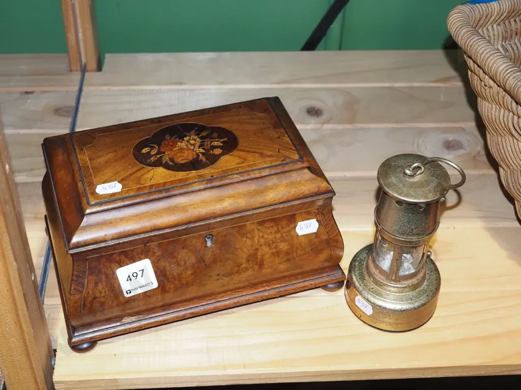 marquetry lidded correspondence box - no key, reproduction miners lantern Image 1++