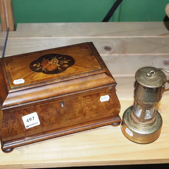 marquetry lidded correspondence box - no key, reproduction miners lantern