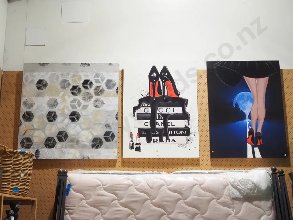 3x large artworks- mixed media on boxed abstract, print on boxed canvas 2x - orange dots Image 1++