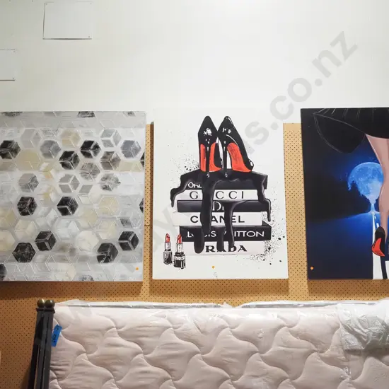 3x large artworks- mixed media on boxed abstract, print on boxed canvas 2x - orange dots